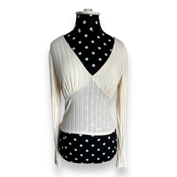 RSQ Womens Top Sz L Cream Open Tie Back Cropped Top Crop Ribbed Long Sleeve - Picture 5 of 10